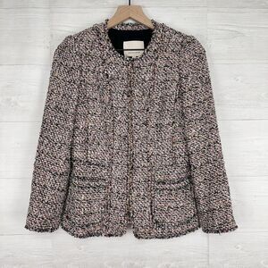 Rebecca Taylor Tweed Jacket Women 2 Fringed Textured Boucle Pink Wool Blend NEW
